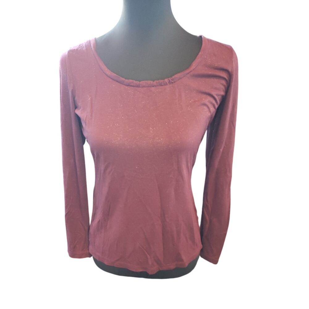 Liz‎ Claiborne Burgundy Metallic Shimmer Scoop Neck Long Sleeve Top Small